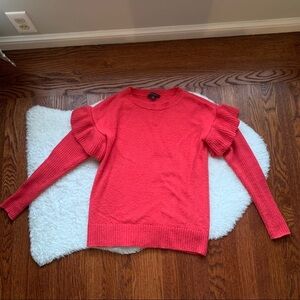 Ann Taylor Coral Red Ruffle Wool Blend Crewneck Sweater Size XXS EUC